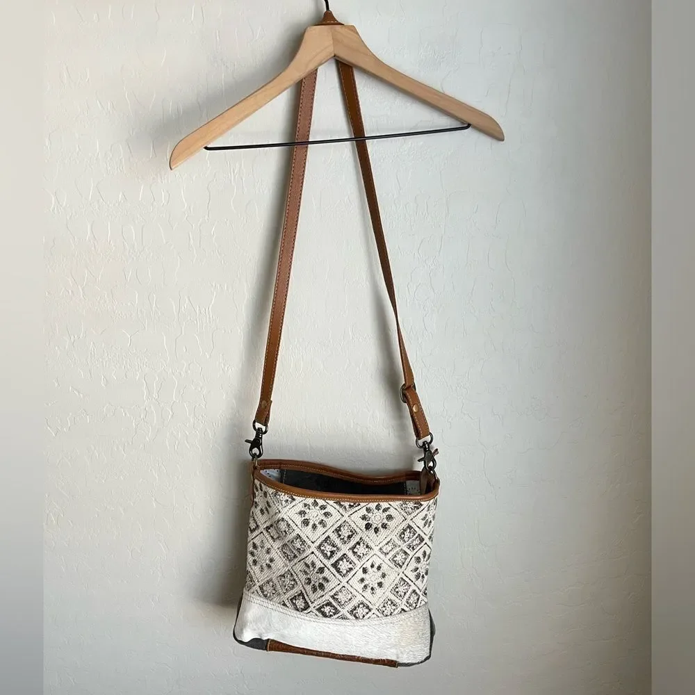 Myra Tessellated Rug Calf Hair Leather Canvas Shoulder Tote Adjustable Strap Bag